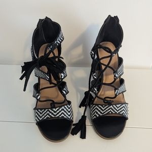 Patterned lace up sandal heels